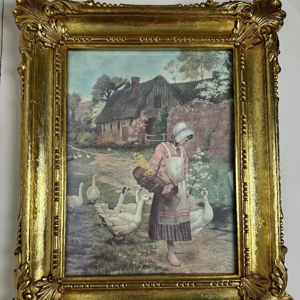 Vintage Gold Ornate Hollywood Regency Frame Goose Art Print 22 x18"